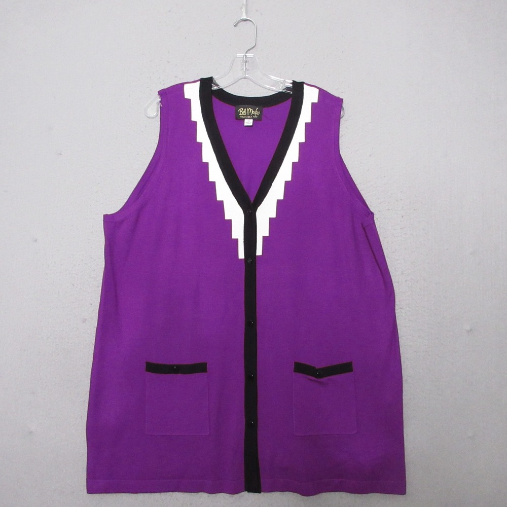 Bob Mackie Sweater Vest 2X Wearable Art Purple‎ Geometric Knit Art Deco Pockets